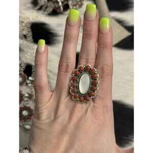 Native American Sterling Silver Mother Pearl Red Coral Multistone Cluster Ring